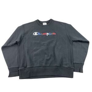 Champion Sweatshirt Men Large Reverse Weave Crewneck Logo Embroidery Black